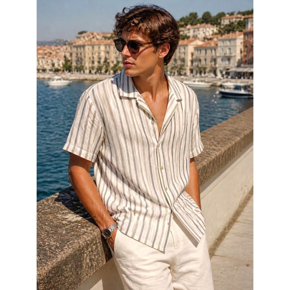 Porter & Ash Linen Blend Striped Button Down Shirt Men's L Short Sleeve